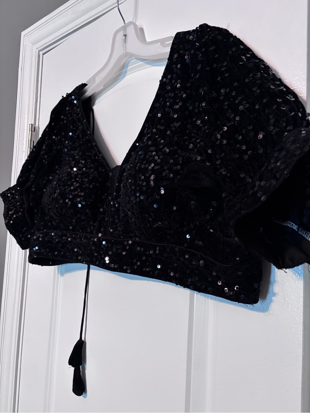 Black Sequin Crop Top with V-Neck